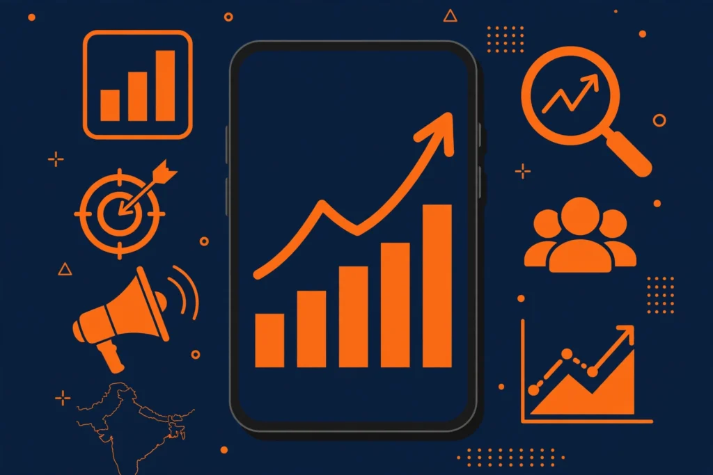 Illustration of Facebook ad performance growth on a smartphone